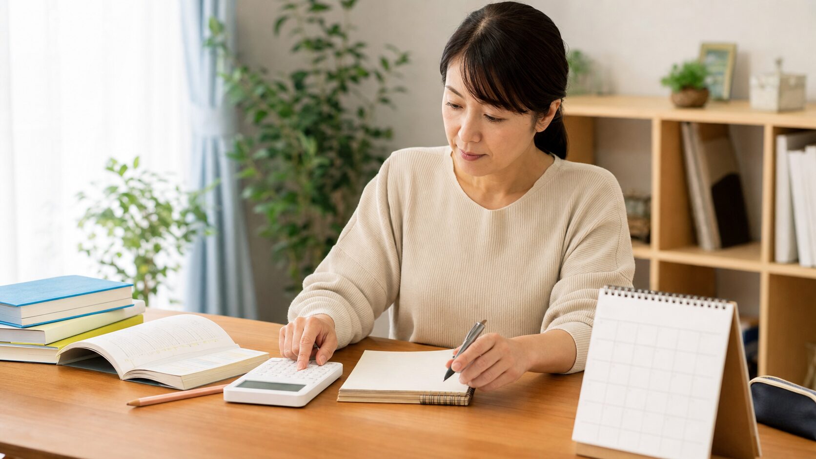 家庭教師の月謝と授業回数を電卓で比較する保護者のイメージ