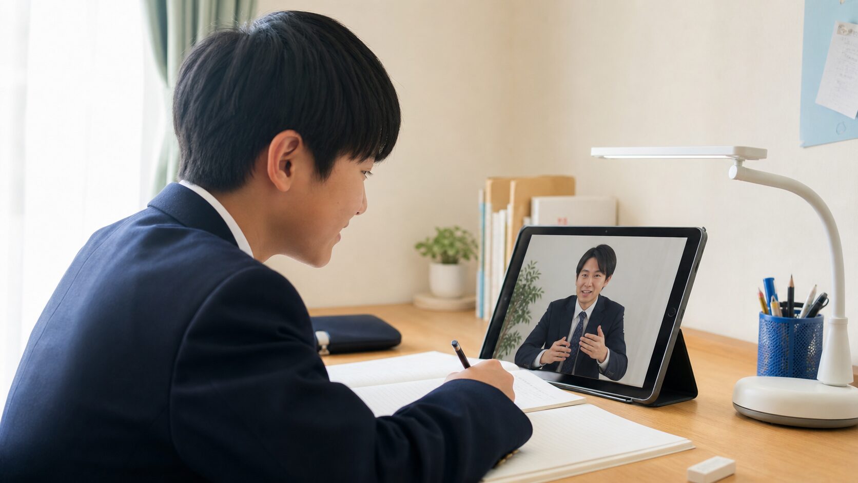 自宅のタブレットでオンライン家庭教師の授業を受けるイメージ