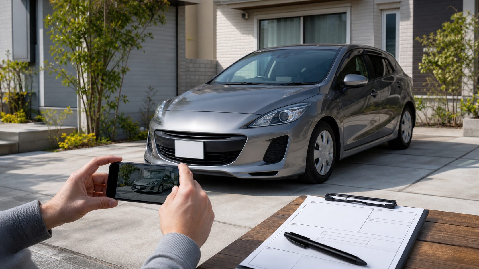 車をスマートフォンで撮影してオンライン査定へ登録するイメージ