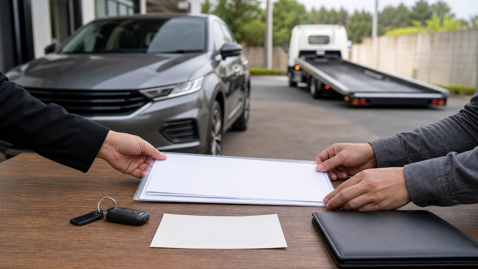 車の引取時に鍵と必要書類を確認するイメージ