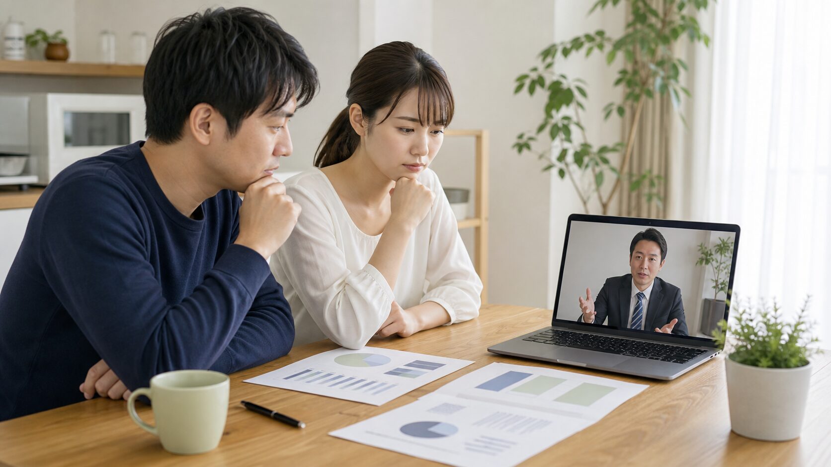 自宅で家計表を見ながらFPのオンライン相談を受ける夫婦