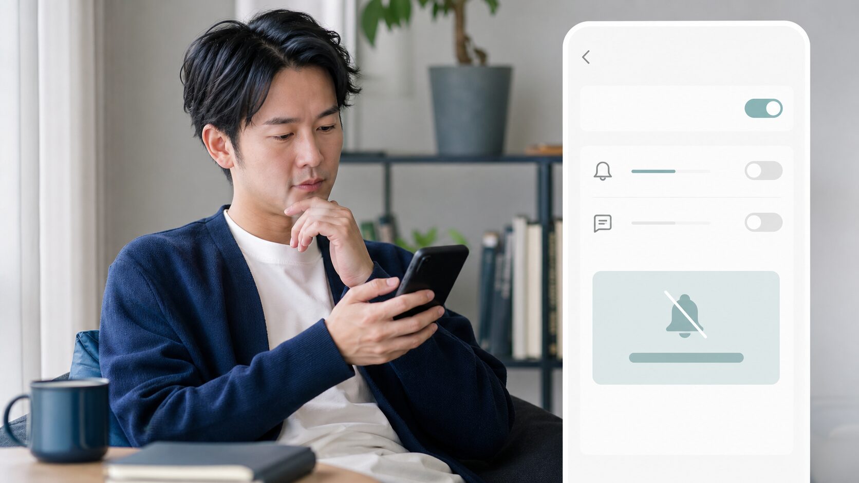 スマートフォンの通知を隠して匿名相談を準備する男性