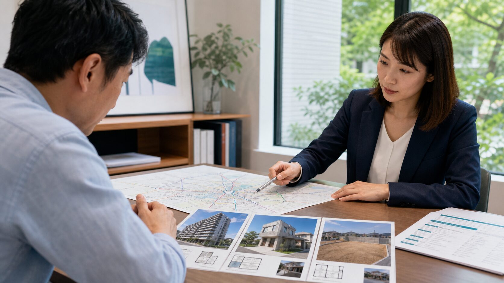 小田急沿線の地域情報と売却物件を照合する住宅所有者と担当者