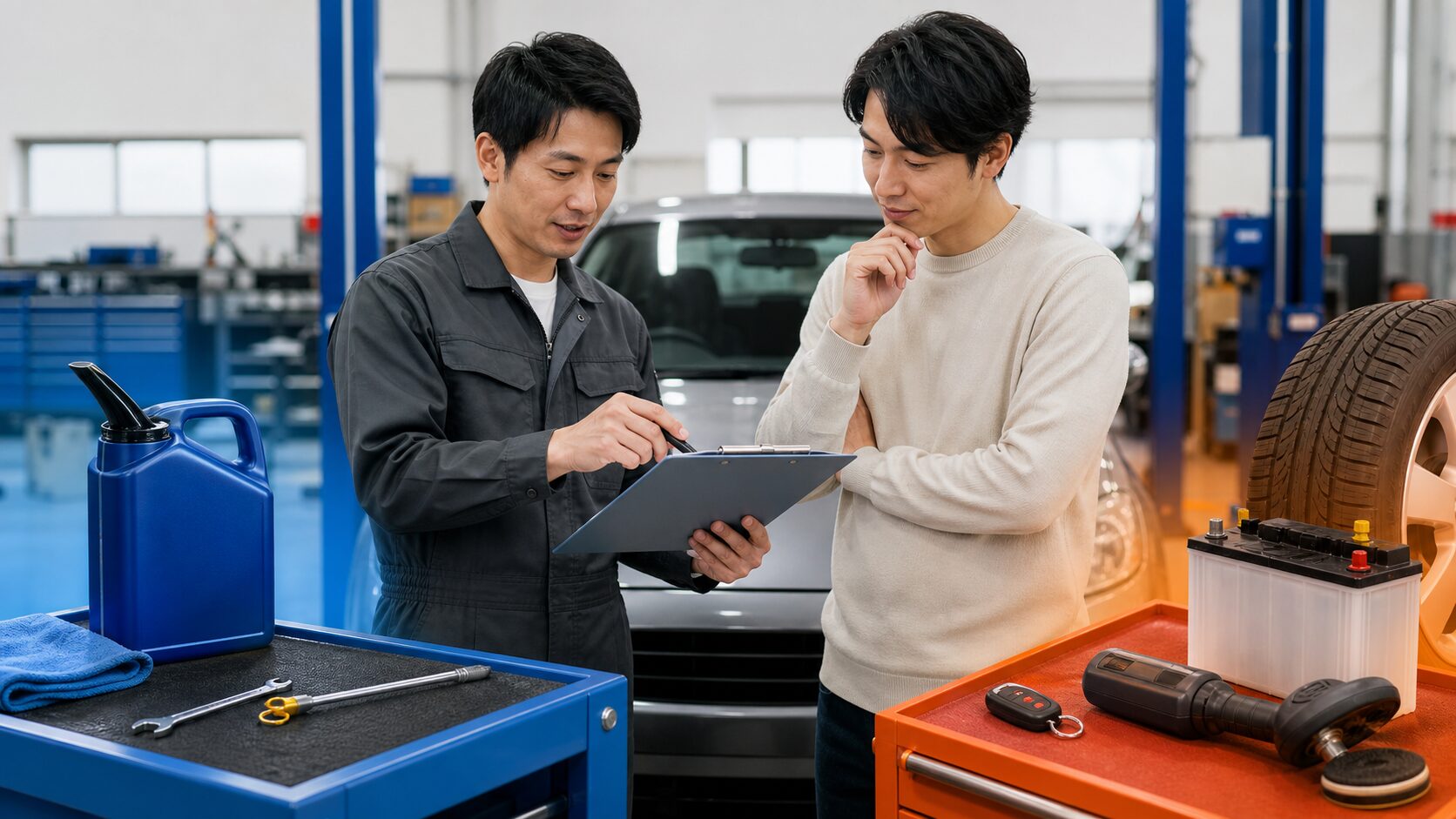 車検の基本点検とタイヤ・バッテリー等の自己負担を確認する利用者