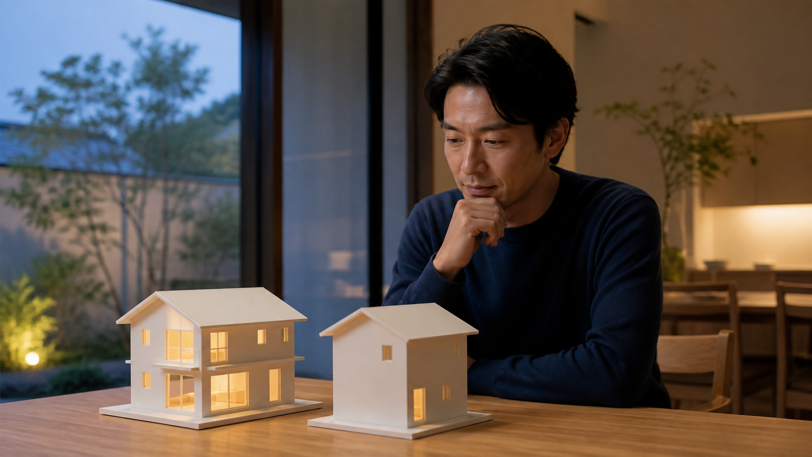 通常の住居と低使用量の別宅を家模型で比べる男性