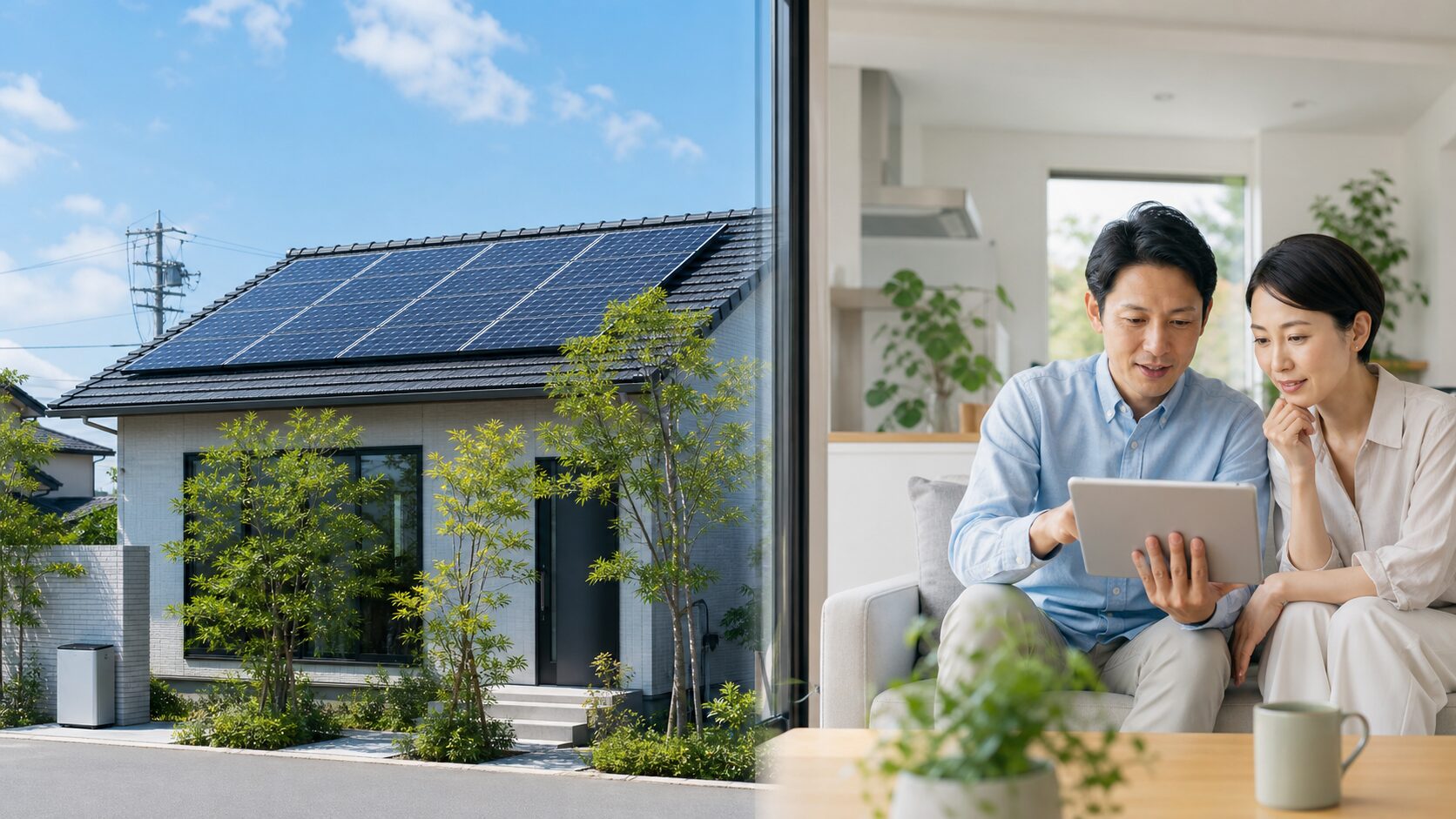 太陽光パネルと蓄電池がある住宅で電力の流れを確認する夫婦