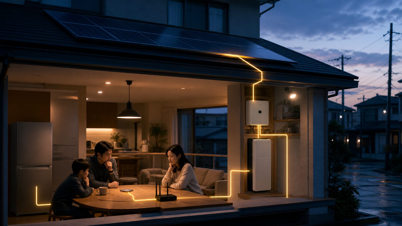 停電時に太陽光と蓄電池から必要な家電へ電力を供給する住宅