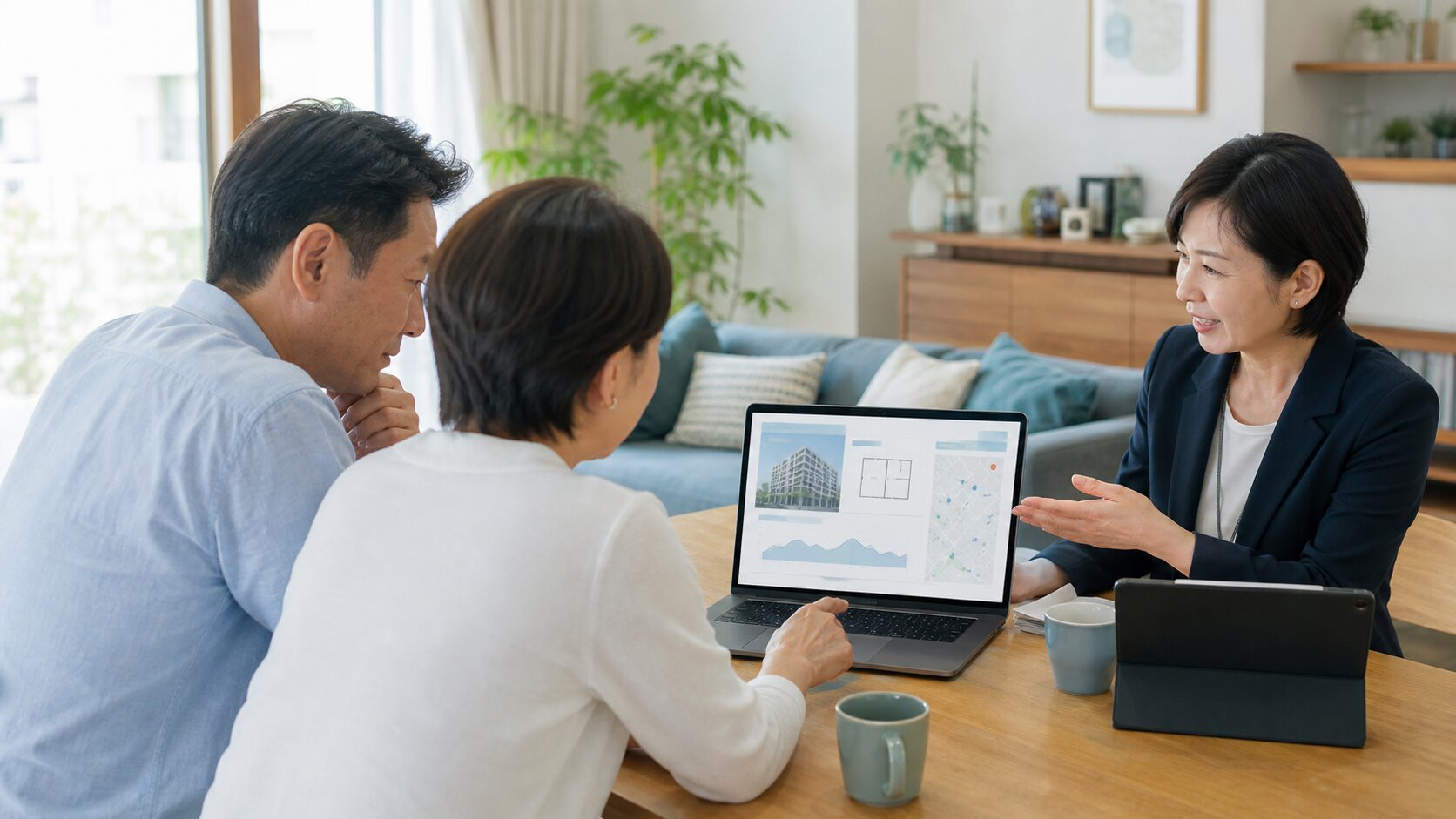 マンションのAI査定と担当者の説明を確認する夫婦