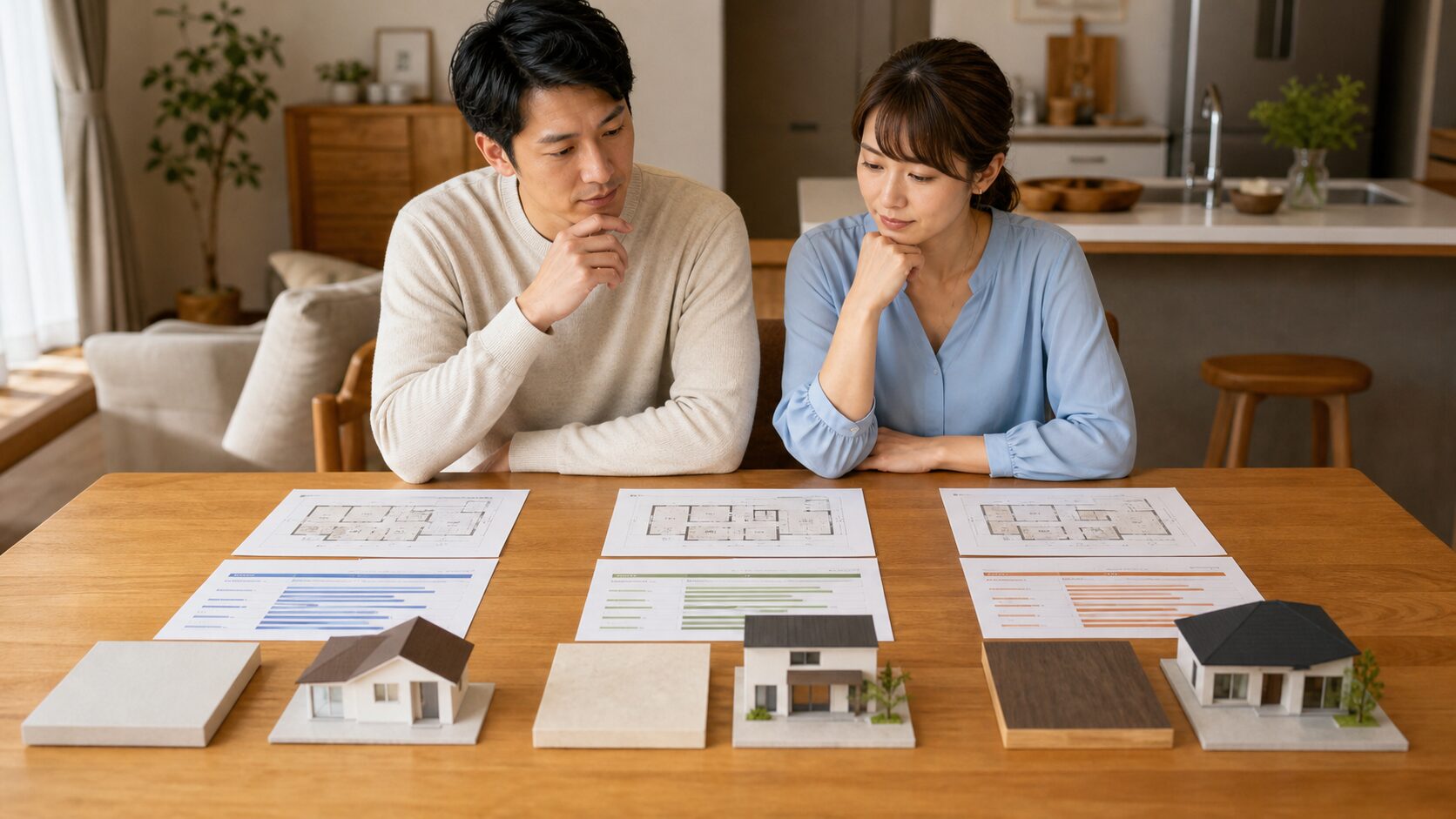 複数の住宅会社から届いた間取りと資金計画を比較する夫婦
