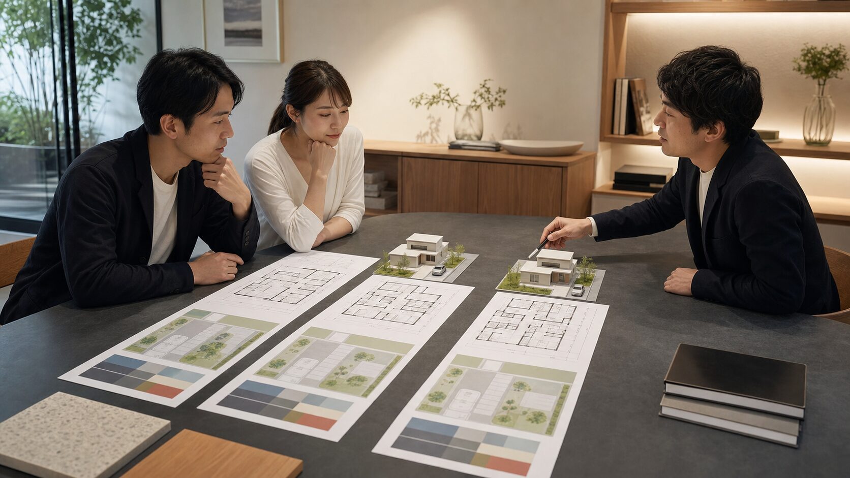 同じ条件で作られた三社の間取りと住宅模型を比較する夫婦
