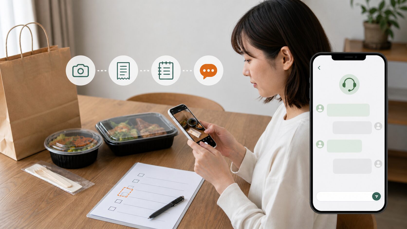 届いた料理を照合し不足品の写真と連絡記録を残す利用者