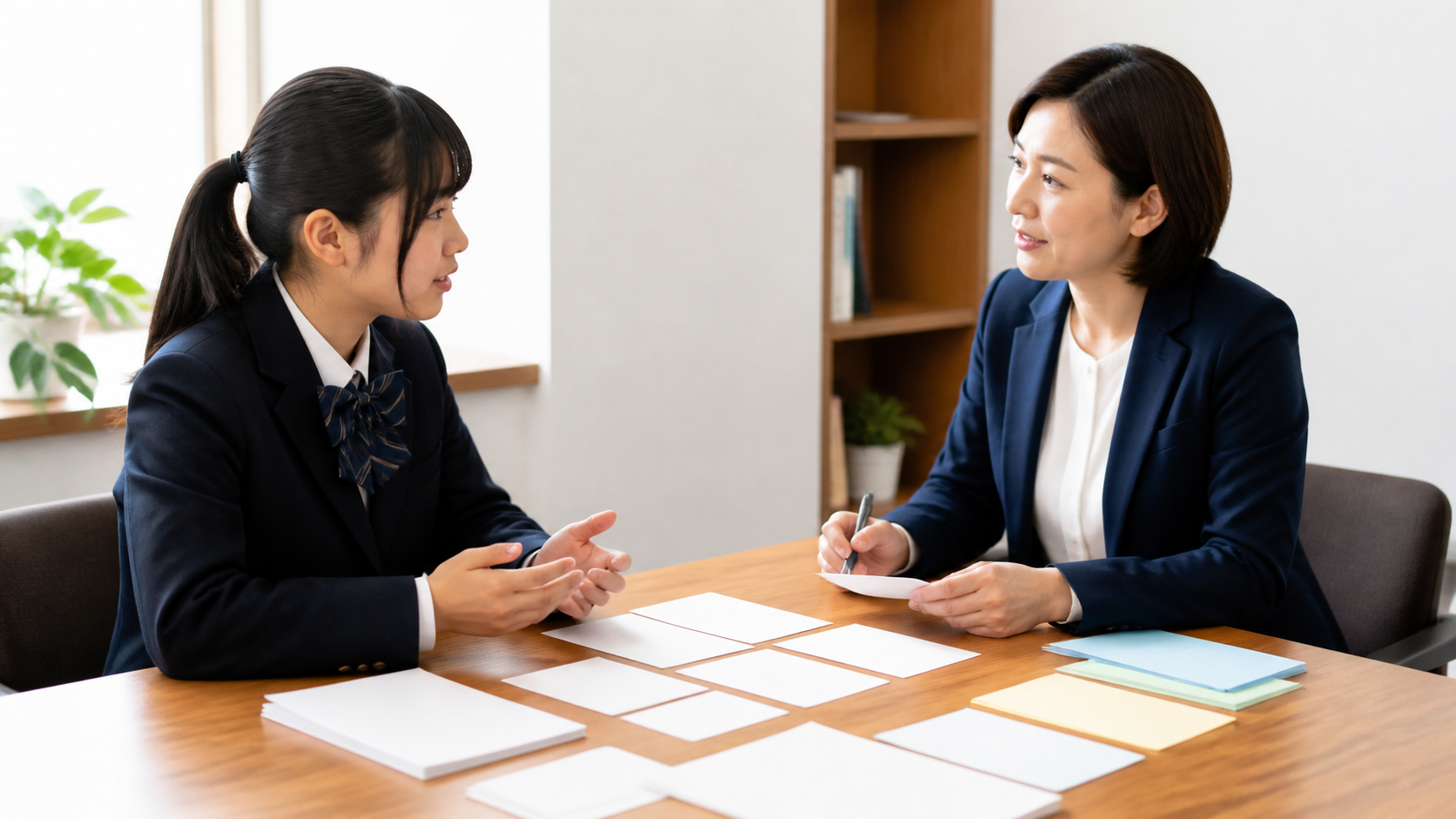 高校生と講師が1対1で受験準備を整理するイメージ
