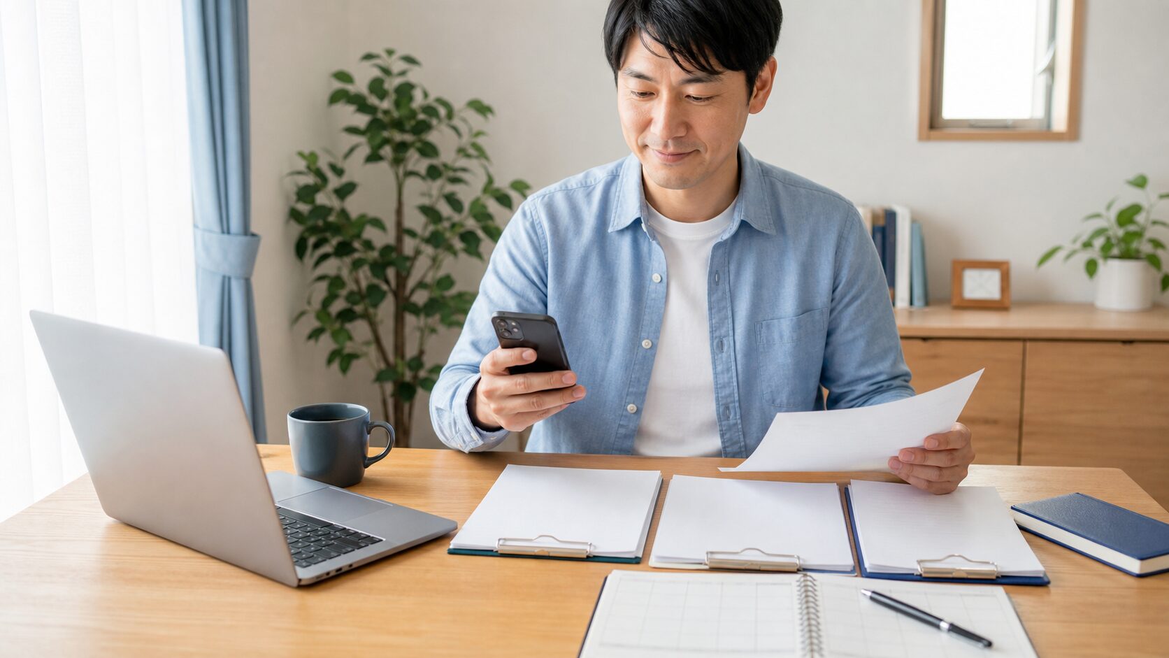 複数の不動産会社からの電話と査定書を整理する利用者