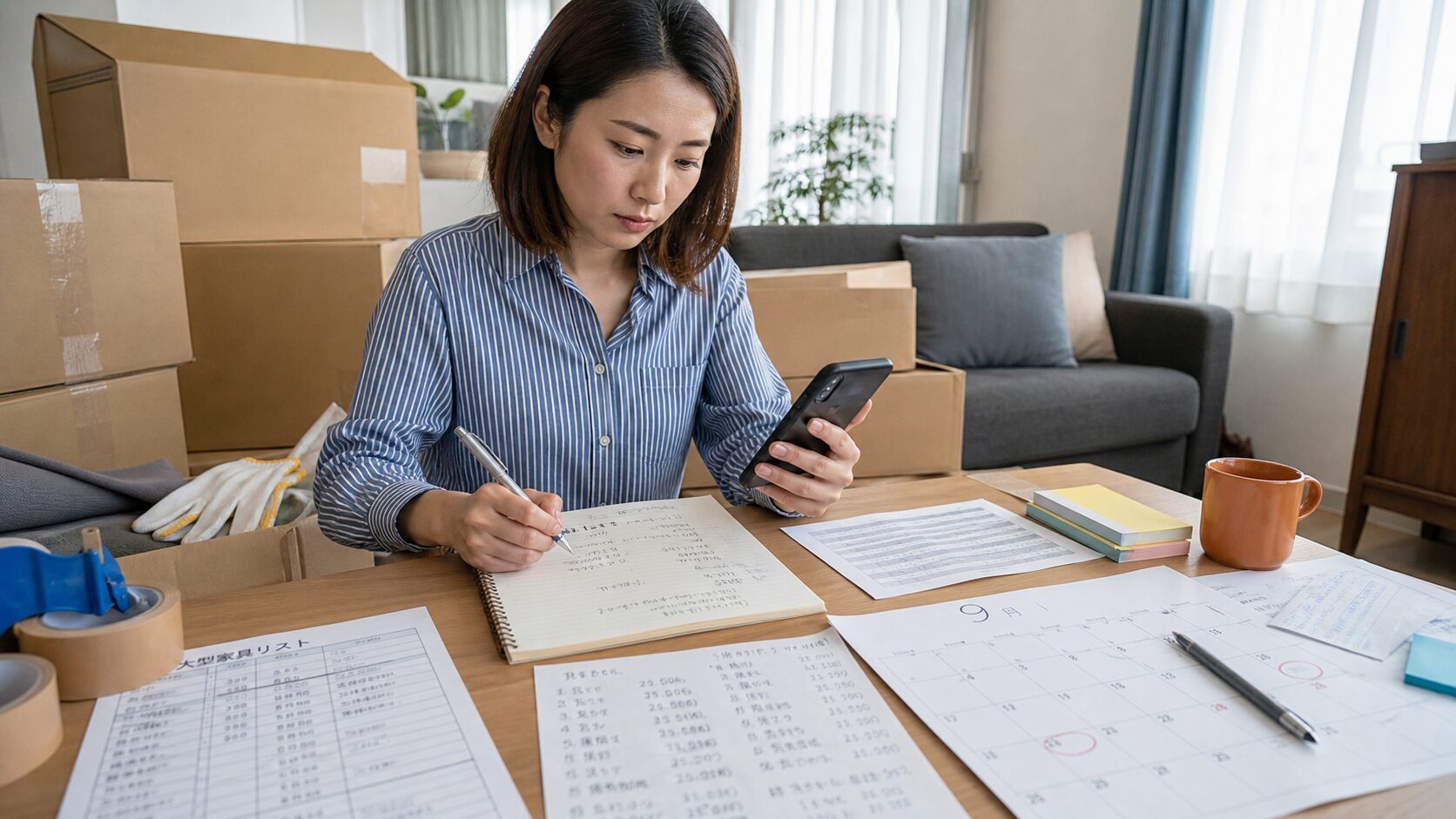 引越し見積もりの電話に備えて荷物と希望日を整理する女性