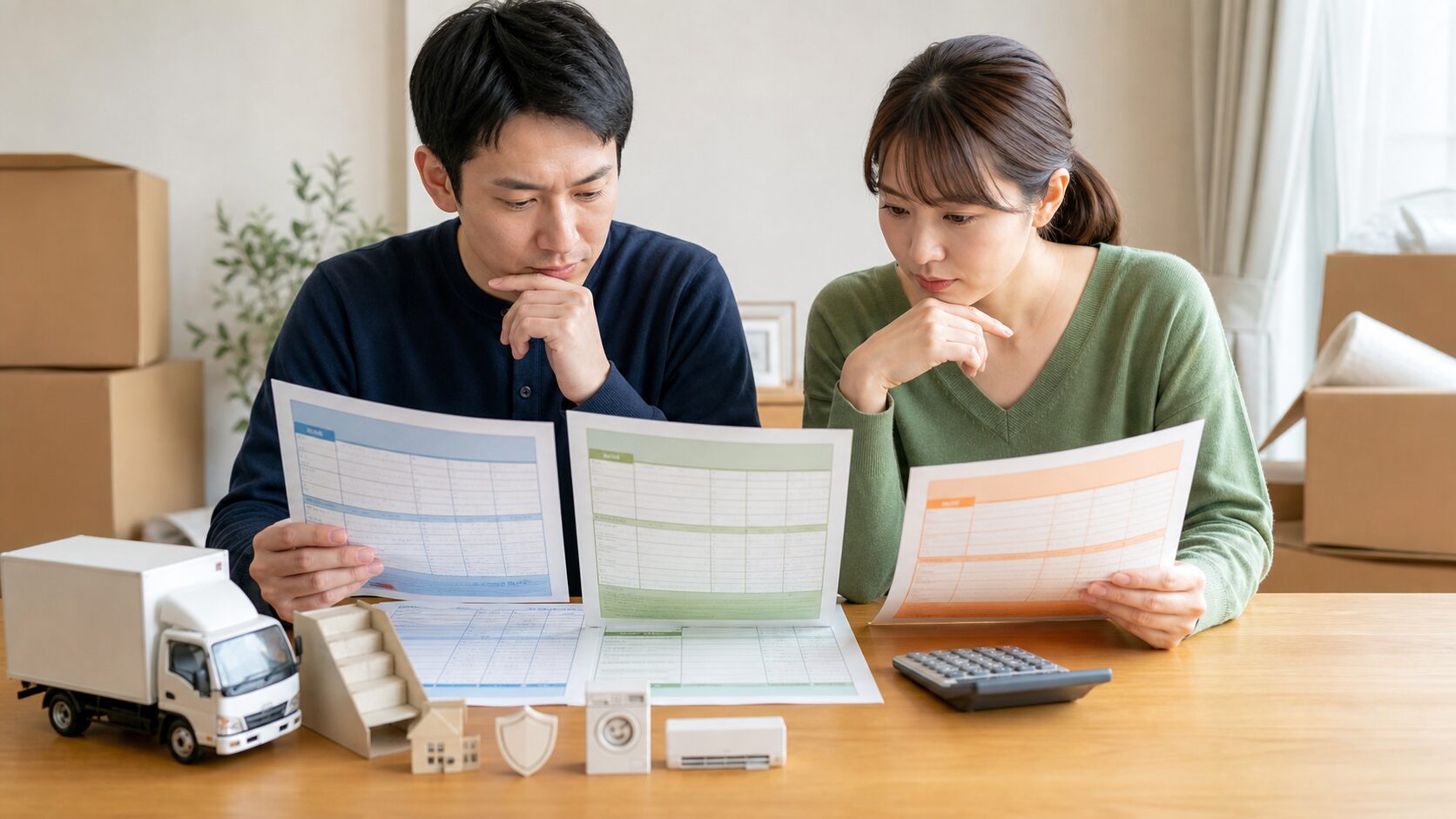 複数の引越し見積書で作業範囲と追加料金を比べる夫婦